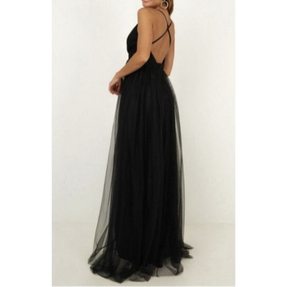 Black Tulle Maxi Dress Plunge Halter Open Back Slit Prom Evening Luxxel S NWT - Picture 2 of 11